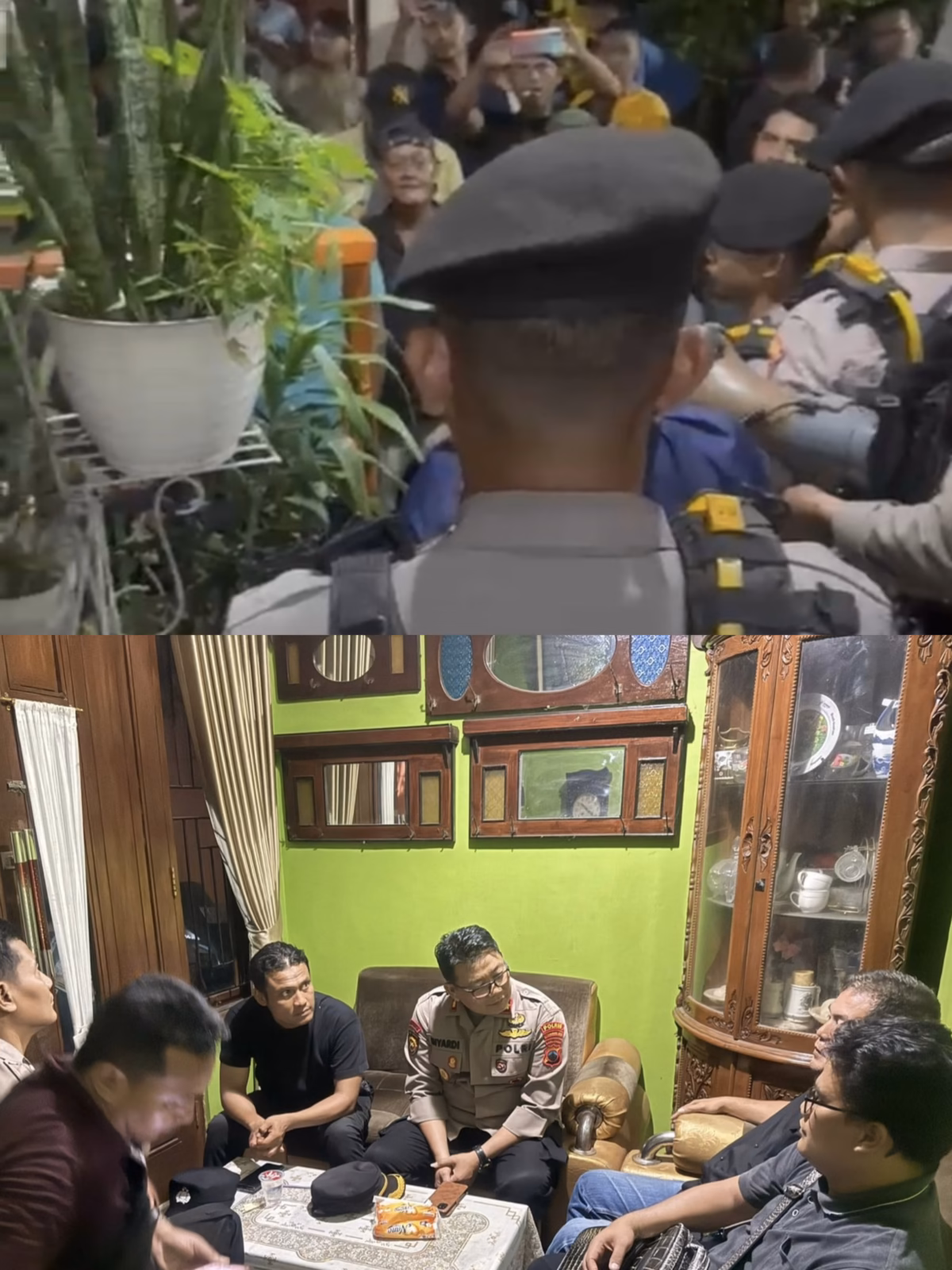 Polisi mengamankan rumah Ketua BMT Mitra Umat yang sedang digeruduk massa dan dihadapan jajaran Polsek Pekalongan, M Zaenudin didampingi kuasa hukumnya menandatangani kesepakatan penyelesaian yang menjadi tuntutan nasabah, Minggu (24/5/26). Foto : Istimewa