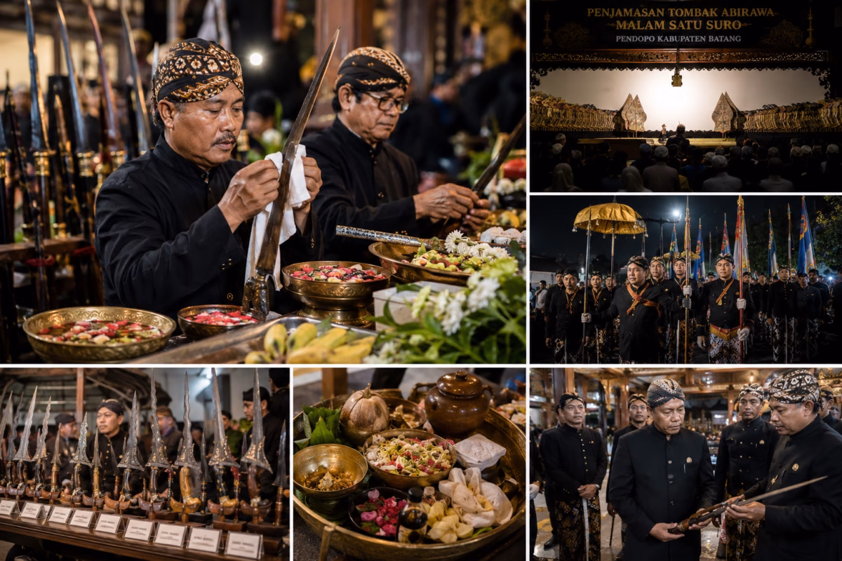 Tahapan penjamasan pusaka di peringatan Malam Satu Suro tersaji dalam deretan foto ilutrasi yang menggambarkan prosesi mulai dari kirab hingga pagelaran seni wayang kulit semalam suntuk, Senin (15/6/26). Foto : Ilustrasi AI