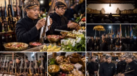Tahapan penjamasan pusaka di peringatan Malam Satu Suro tersaji dalam deretan foto ilutrasi yang menggambarkan prosesi mulai dari kirab hingga pagelaran seni wayang kulit semalam suntuk, Senin (15/6/26). Foto : Ilustrasi AI