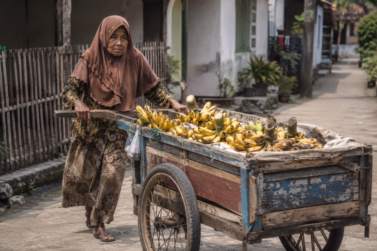Duka Halimah (77) penjual pisang keliling yang kehilangan putra keduanya karena tenggelam di Kali Banger, tangisnya makin menjadi-jadi lantaran tak mampu membiayai pemakaman putranya tersebut, Selasa (16/6/26). Foto : Ilustrasi AI