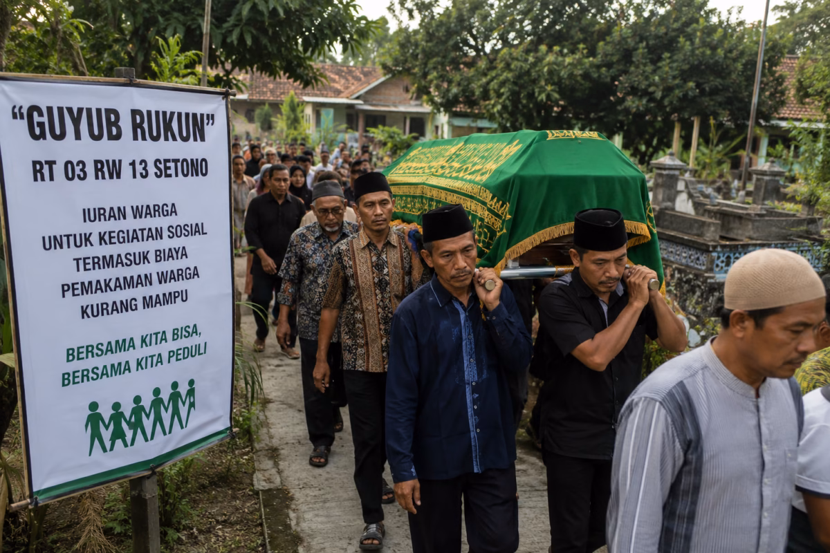 Warga Kelurahan Setono menanggung biaya pemakaman korban tenggelam di Kali Banger yang sebelumnya diinformasikan dari bantuan pemerintah, Kamis (18/6/26). Foto : Ilutrasi AI