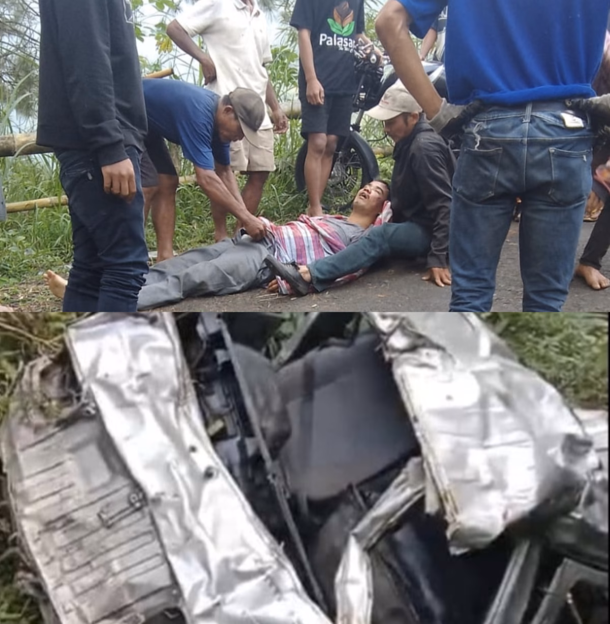 Salah satu korban mobil Suzuki Carry yang terjun ke jurang dievakuasi warga sementara bangkai mobil hingga siang ini masih dalam kondisi ringsek di dasar jurang Desa Wonosido, Minggu (21/6/26).