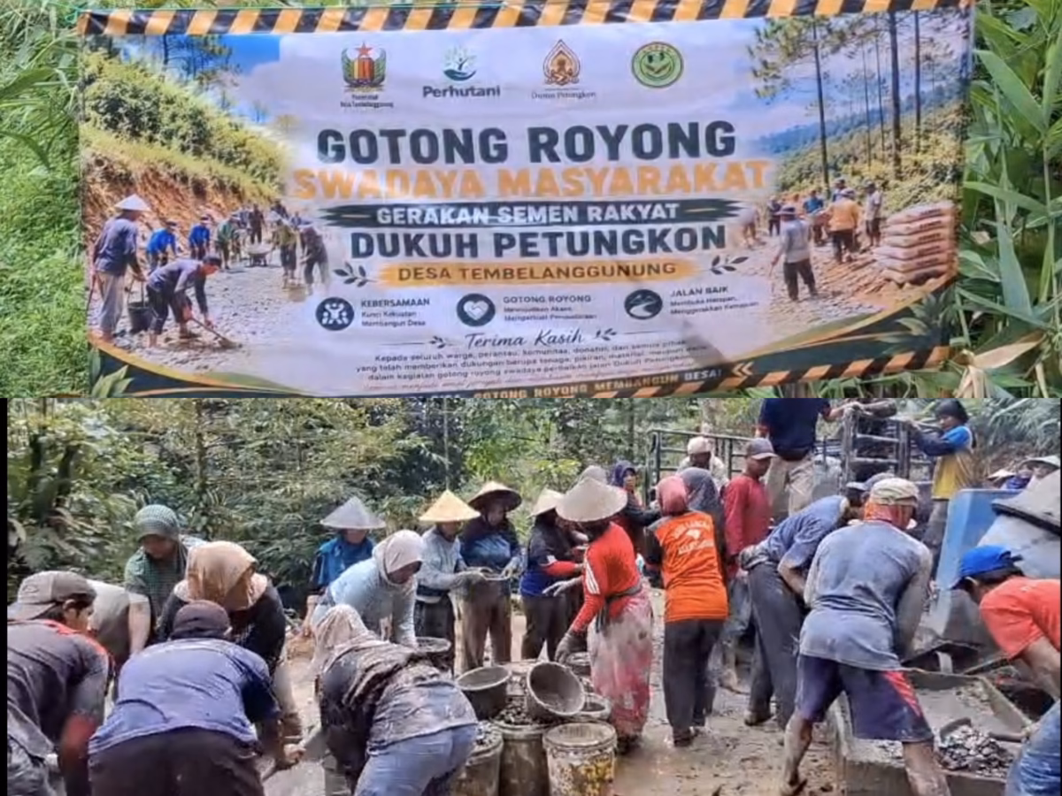 Puluhan warga Desa Tembelanggunung turun ke jalan mengecor lapisan aspal yang terkelupas akibat bertahun-tahun diabaikan pemerintah, melalui gerakan semen rakyat, warga patungan membiayai sendiri perbaikan akses jalan kabupaten yang menjadi tanggung jawab pemda setempat, Senin (22/6/26). Foto : Istimewa