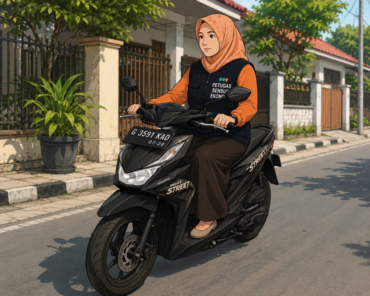 Tri Murniati petugas Sensus Ekonomi 2026 dari Kabupaten Pemalang tetap berkeliling mendata warga dengan meminjam motor anak, Senin (6/7/26). Foto : Ilustrasi AI