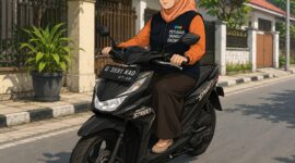 Tri Murniati petugas Sensus Ekonomi 2026 dari Kabupaten Pemalang tetap berkeliling mendata warga dengan meminjam motor anak, Senin (6/7/26). Foto : Ilustrasi AI