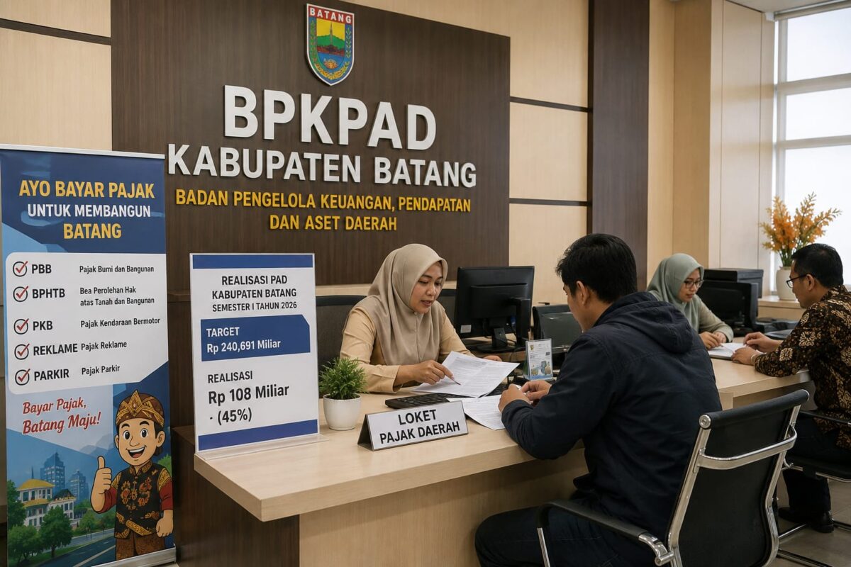 Realisasi PAD Kabupaten Batang di semester pertama Rp108 miliar atau kurang dari separuh target tahunan yang mencapai Rp240,691 miliar dengan menyisakan pekerjaan rumah di sektor opsen PKB dan PBB, Senin (6/7/26). Foto : Ilustrasi AI