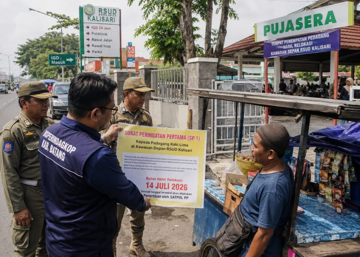 Pemerintah Kabupaten Batang memberi batas waktu hingga 14 Juli 2026 bagi PKL di kawasan depan RSUD Kalisari untuk memindahkan lapaknya ke Pujasera, Jumat (10/7/26). Foto : Ilsutrasi AI