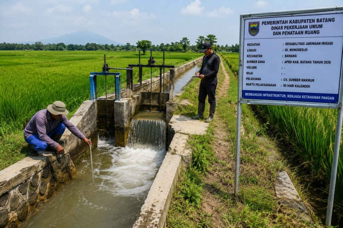 Kabupaten Batang tiap tahun membutuhkan rehabilitasi sekitar 1.000 hektare jaringan irigasi, namun kemampuan anggaran daerah baru mampu menangani sekitar 500 hektare, Selasa (28/7/26). Foto : Ilustrasi AI