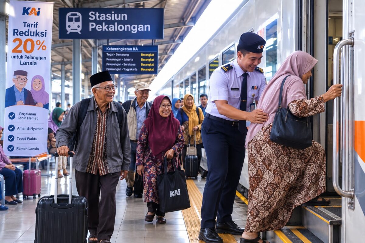 Jumlah lansia yang memanfaatkan transportasi publik khususnya moda kereta api di Stasiun Pekalongan meningkat atau sebanyak 16.328 penumpang di periode Januari-Juni 2026 seperti data yang diungkap KAI, Senin (3/8/27). Foto : Ilustrasi AI