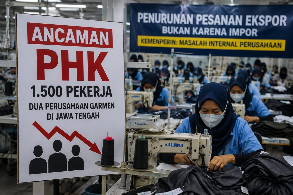 Pemerintah menegaskan persoalan ancaman PKH 1.500 pekerja di dua industri garmen di Jawa Tengah bukan dipicu membanjirnya produk impor, melainkan karena menurunnya pesanan ekspor dari pembeli luar negeri, Selasa (4/8/26). Foto : Ilustrasi AI