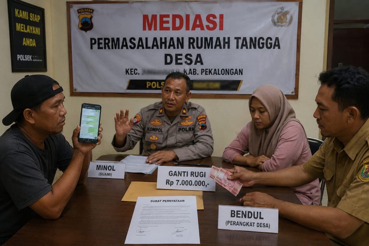 Pak Kompol dengan bijak memberikan ruang penyelesaian antara kedua belah pihak dengan bijak, kedua belah pihak demi kondusifitas wilayah rumah tangga masing-masing sepakat gencatan senjata alias tidak melanjutkan pertempuran akan tetapi salah satunya bersedia memberikan kompensasi di tempat, Selasa (4/8/26). Foto : Ilustrasi AI