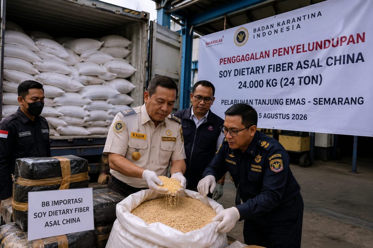 Badan Karantina Indonesia menggagalkan upaya penyelundupan serat kedelai bahan suplemen diet di Pelabuhan Tanjung Emas Semarang dengan modus sertifikat yang diduga palsu, Rabu (5/8/26). Foto : Ilustrasi AI
