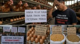 Tingginya harga pakan yang tidak sebanding ongkos produksi membuat ratusan peternak ayam di Kabupaten Batang bakal membuat aksi protes terhadap kebijakan pemerintah dengan membagikan ayam kepada masyarakat di Alun-alun setempat Senin 10 Agustus 2026. Foto : Ilustrasi AI