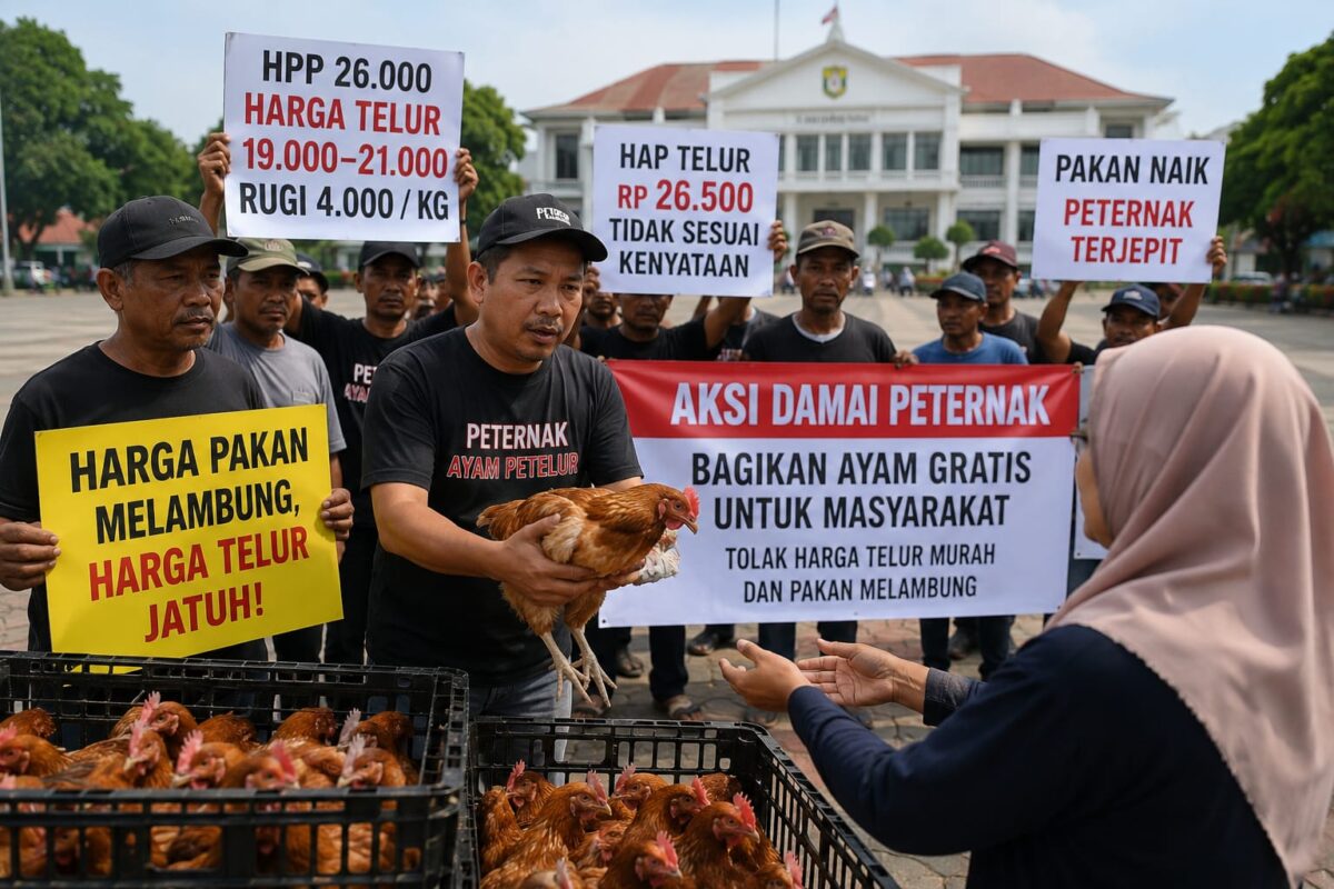 Ratusan peternak siap membagikan ayam petelur kepada masyarakat secara gratis di Alun-alun Kabupaten Pekalongan pada 10 Agustus besok sebagai respon terhadap kebijakan pemerintah yang merugikan dan mengancam kelangsungan usaha, Minggu (9/8/26). Foto : Ilustrasi AI