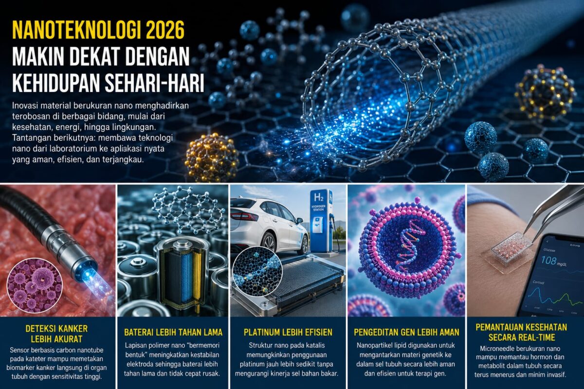 Perkembangan terbaru menunjukkan bahwa perlombaan nanoteknologi bukan lagi sekadar membuat benda semakin kecil. Tantangan berikutnya adalah bagaimana material berukuran nano dapat diberi fungsi khusus dan digunakan untuk menyelesaikan persoalan nyata. Foto : Ilustrasi AI
