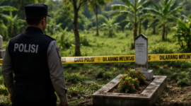 Makam Sutrimo di Desa Wlahar dijaga Polisi, Senin (10/8/26). Foto : Ilustrasi AI