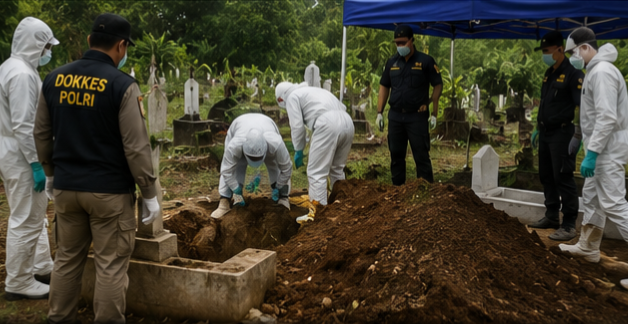 Sehari jelang pelaksanaan ekshumasi, penjagaan di lokasi makam Sutrimo diperketat, Selasa (11/8/26). Foto : Ilustrasi AI