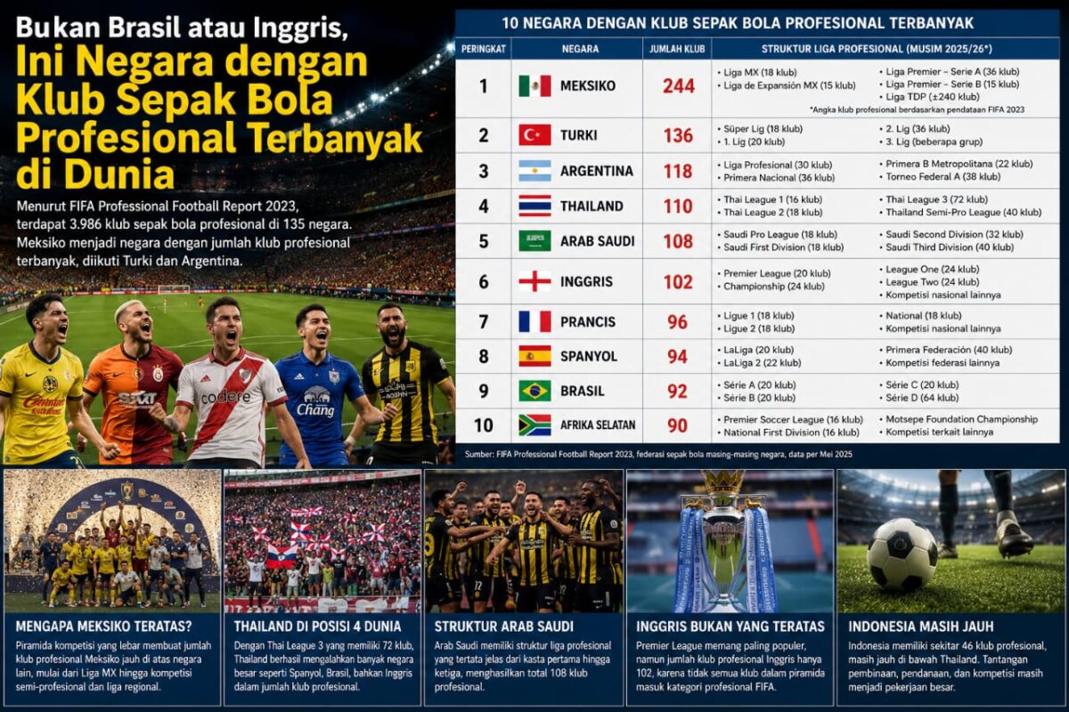 Negara dengan reputasi mentereng mulai dari juara duni, liga paling kompetitif dan banyaknya pemain top tidak menjamin klub sepak bola profesional di negara tersebut bisa mengalahkan sejumlah negara berikut ini. Foto : Ilustrasi AI