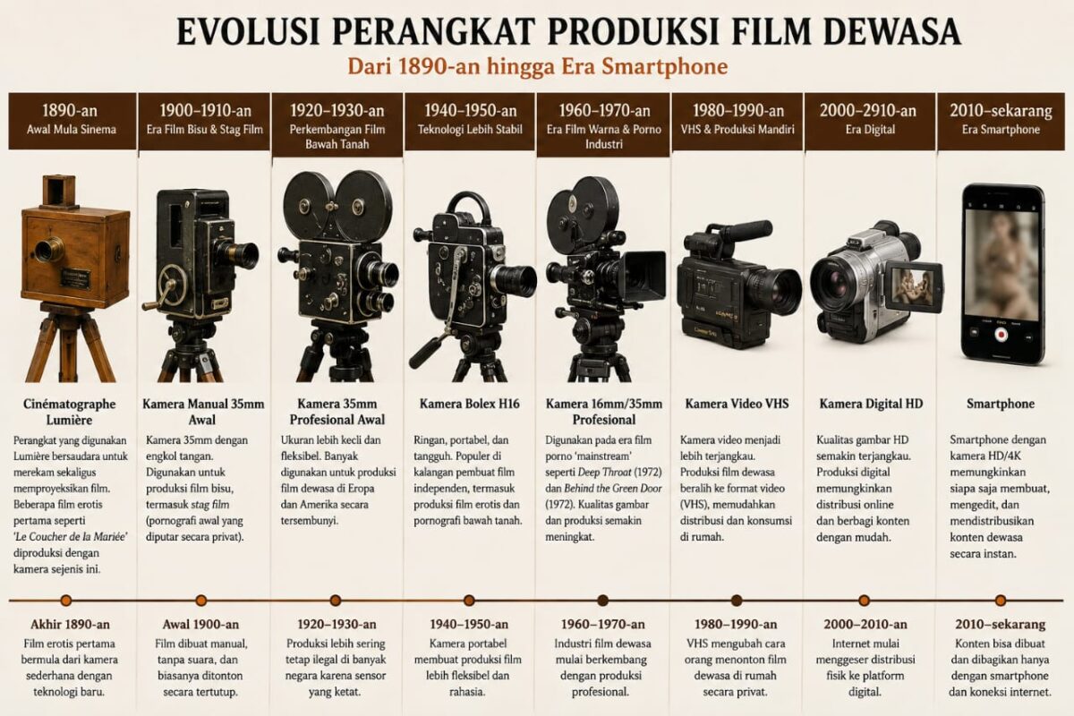 Perangkat kamera yang digunakan dalam industri film dewasa dari sejak era film bisu hingga smartphone. Foto: Ilustrasi AI