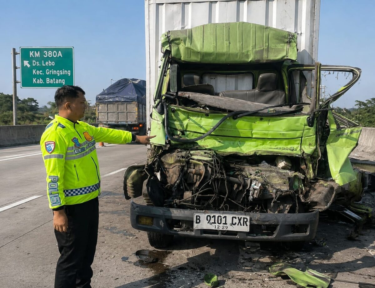 Polisi menunjukkan kondisi depan truk boks yang menabrak truk lain di depannya hingga menyebabkan pengemudinya tewas saat kejadian berlangsung, Kamis (20/8/26) pagi. Foto: Modifikasi AI