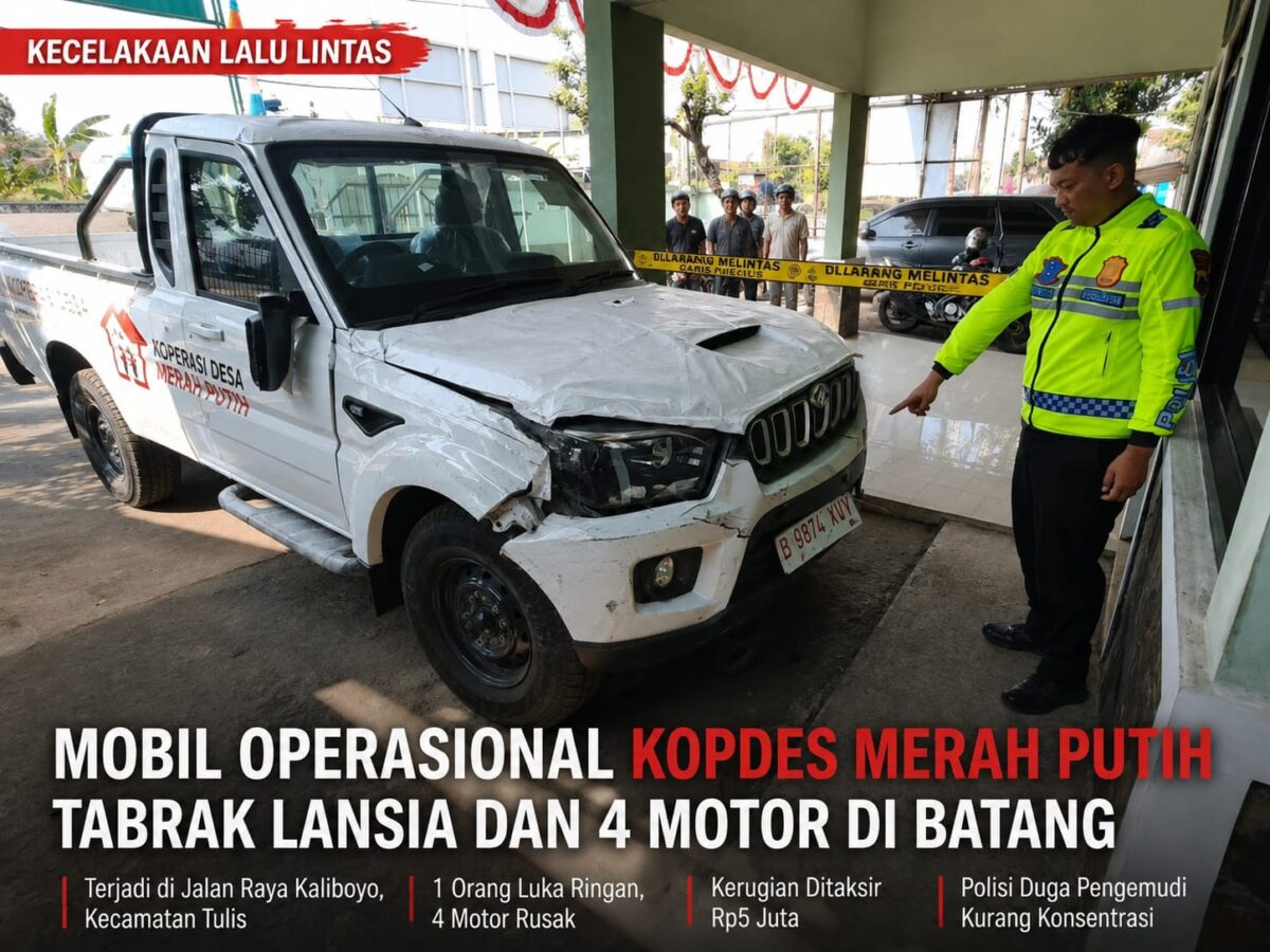 Polisi menunjukkan mobil operasional Kopdes Merah Putih yang diamankan setelah menabrak seorang lansia dan empat unit motor di Jalan Raya Desa Kaliboyo, Kamis (20/8/26).
