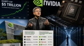 Per akhir Agustus tahun ini NVIDIA resmi menyandang perusahaan dengan nilai kapitalisasi pasar terbesar di dunia yang menembus angka US$5,2 triliun, Senin (24/8/27). Foto: Ilistrasi AI