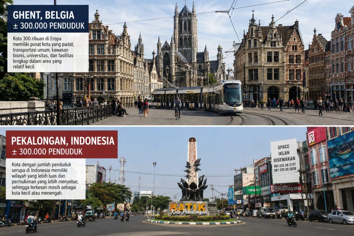 Perbandingan Kota Pekalongan (bawah) dengan Kota Ghent di Belgia yang memiliki jumlah penduduk yang sama namun memiliki banyak perbedaan di antara keduanya. Foto: Ilustrasi AI