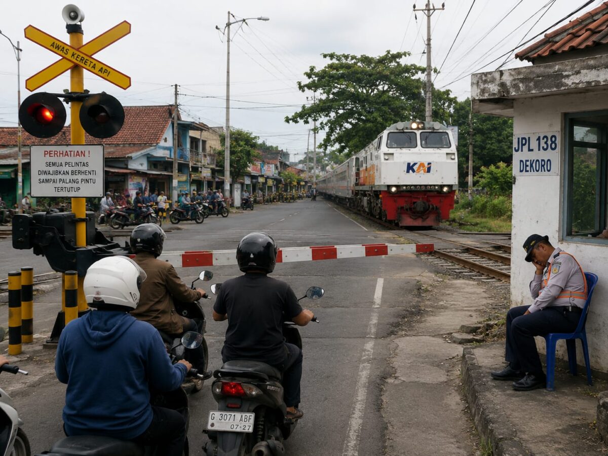 Insiden palang pintu tetap terbuka saat kereta api melaju di perlintasan wilayah Dekoro sempat membuat geger dan emosi warga setelah mengetahui petugas jaga mengaku dalam kondisi mengantuk sehingga tidak mendengar pemberitahuan melalui radio komunikasi, Minggu (3/8/26). Foto: Ilustrasi AI