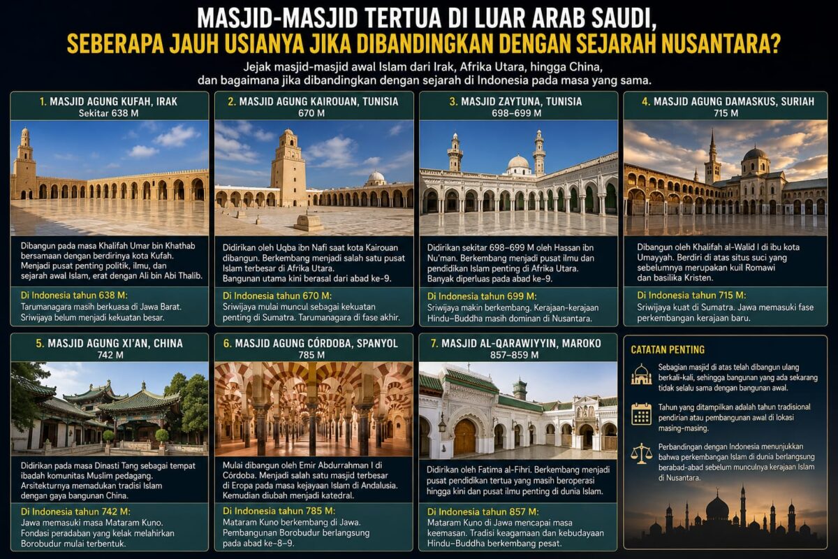 Daftar masjid tertua di luar Arab Saudi membentang dari Jazirah Arab hingga Eropa Barat dan China, sementara di Nusantara peradaban masih dalam era Hindu Budda tepatnya di masa kerajaan Tarumanegara. Foto: Ilustrasi AI