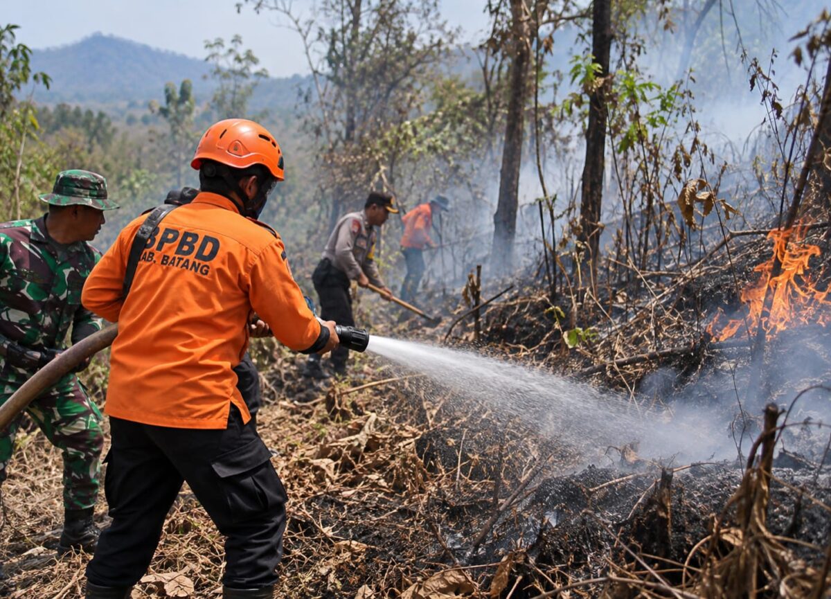 Petugas gabungan memadamkan api yang membakar lahan dan hutan, Rabu (9/9/26). Foto: Ilustrasi AI