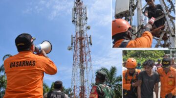 Tim SAR Gabungan berhasil mengevakuasi Ahmad Yasin (30) pemuda yang diduga depresi turun dari menara BTS setinggi 75 meter di Desa Panikel setelah dibujuk rokok dan makanan, Kamis (10/9/26). Foto: Ilustrasi AI