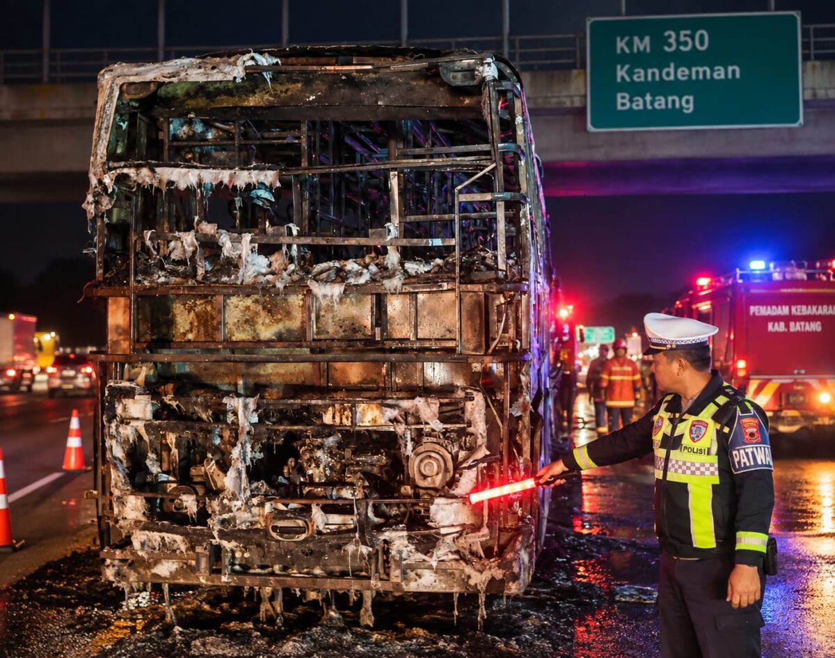Polisi menunjukkan bagian belakang Po Bus Tunas Muda yang terbakar di KM 350 Tol Semarang - Batang, Minggu (13/9/26) pagi. Foto: Istimewa & Ilustrasi AI