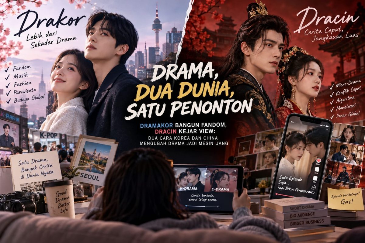 Persaingan drama Korea (Drakor) dan drama China (Dracin) semakin ramai di platform digital. Drakor dikenal kuat membangun fandom dan ekosistem budaya global, sementara micro-drama China berkembang dengan format episode pendek, konflik cepat, serta model monetisasi berbasis aplikasi dan media sosial. Foto: Ilustrasi AI