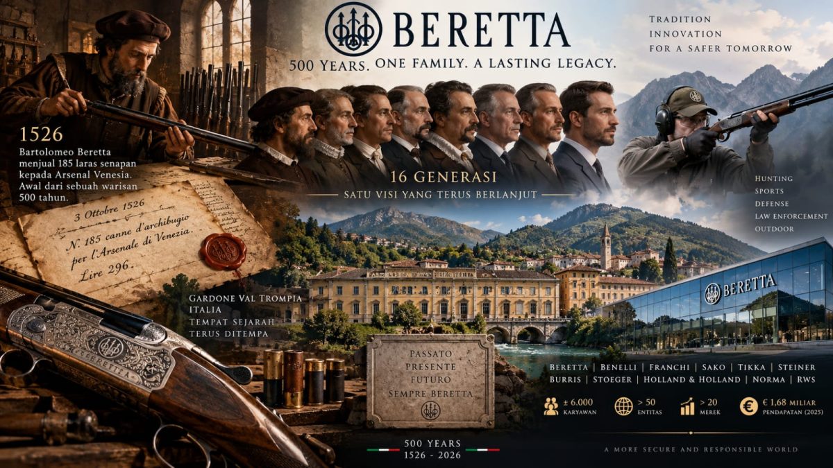 Pabrik Fabbrica d'Armi Pietro Beretta di Gardone Val Trompia, Brescia, Italia. Dari kawasan inilah bisnis keluarga Beretta berkembang sejak transaksi pertama yang tercatat pada 1526 hingga menjadi grup usaha internasional yang kini memasuki usia 500 tahun. Foto: Ilustrasi AI