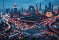 Simpang empat besar yang dilengkapi lampu lalulintas yang cukup rumit di kota besar. Foto: Ilustrasi AI