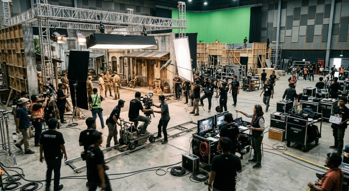 Kesibukan kru dalam produksi film di sebuah studio besar. Foto: Ilustrasi AI