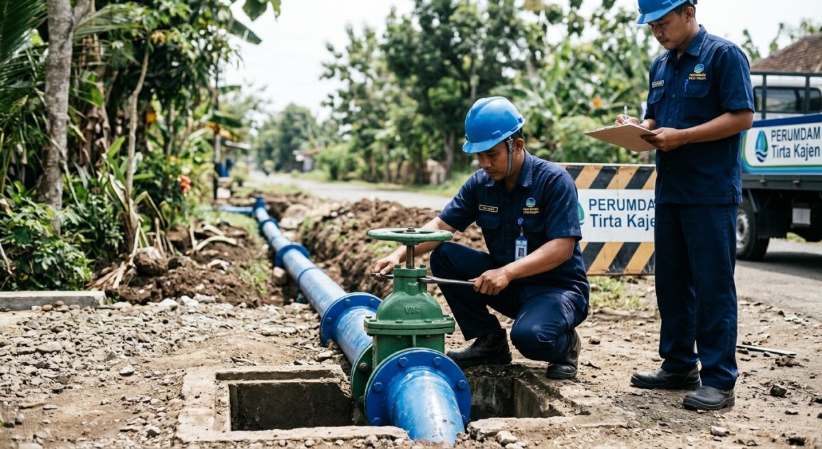 Petugas Perumdam Tirta Kajen menemukan adanya udara yang terperangkap dalam pipa akibat ruang kosong yang tercipta dari turunnya tekanan debit air sehingga dilakukan perawatan air valve, Kamis (29/10/26). Foto: Ilustrasi AI