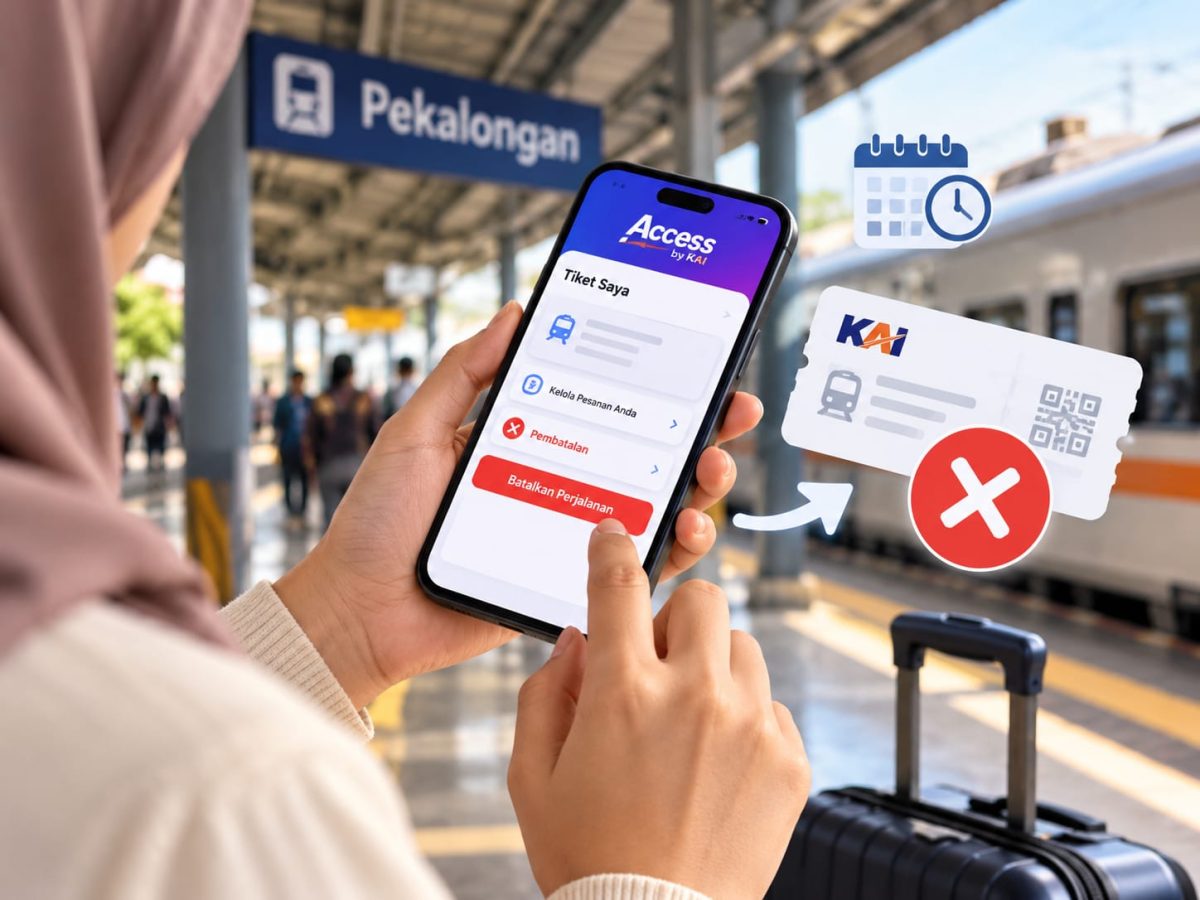 Ilustrasi penumpang membatalkan tiket kereta api melalui aplikasi Access by KAI di tengah perubahan rencana perjalanan. (Foto: PT KAI/Ilustrasi AI)