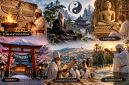 Ilustrasi enam agama kuno yang masih bertahan hingga sekarang, mulai dari Zoroastrianisme di Persia, Taoisme di Tiongkok, Jainisme di India, Shinto di Jepang, hingga Samaritanisme dan Mandaeisme di Timur Tengah. (Foto: Ilustrasi AI)