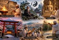 Ilustrasi enam agama kuno yang masih bertahan hingga sekarang, mulai dari Zoroastrianisme di Persia, Taoisme di Tiongkok, Jainisme di India, Shinto di Jepang, hingga Samaritanisme dan Mandaeisme di Timur Tengah. (Foto: Ilustrasi AI)