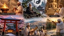 Ilustrasi enam agama kuno yang masih bertahan hingga sekarang, mulai dari Zoroastrianisme di Persia, Taoisme di Tiongkok, Jainisme di India, Shinto di Jepang, hingga Samaritanisme dan Mandaeisme di Timur Tengah. (Foto: Ilustrasi AI)
