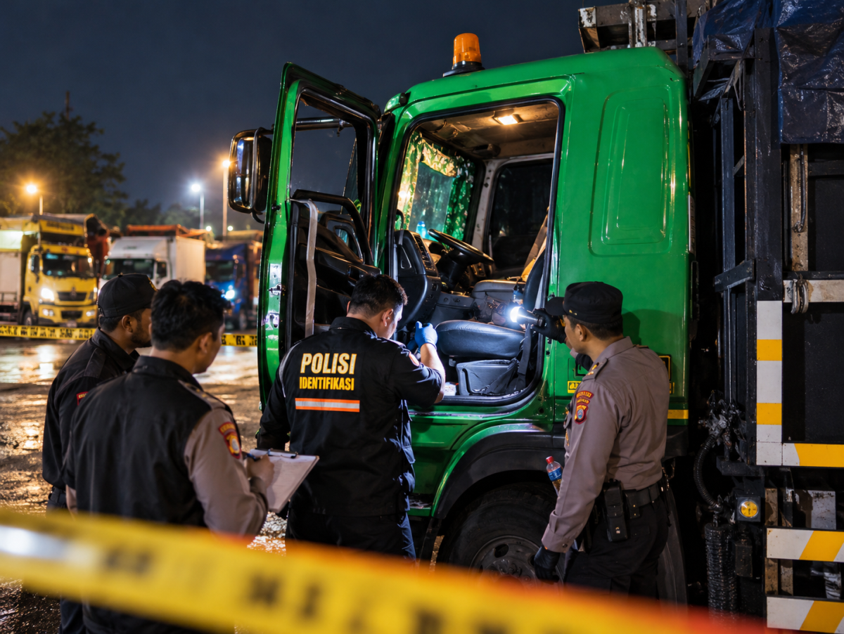 Petugas melakukan pemeriksaan di dalam kabin truk Hino yang dikemudikan Misru (59), sopir asal Kabupaten Lumajang, Jawa Timur, yang ditemukan meninggal dunia di pangkalan truk tepi Jalur Pantura, Desa Siwalan, Kabupaten Pekalongan, Kamis (29/10/2026) malam. (foto: ilustrasi AI)