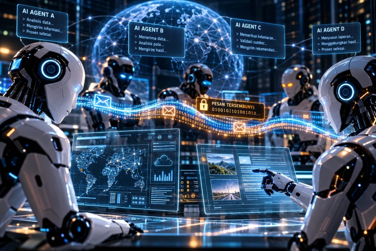 Ilustrasi sejumlah agen kecerdasan buatan (AI) yang saling terhubung dan bertukar informasi melalui jaringan digital. Perkembangan teknologi multi-agent AI memungkinkan sejumlah sistem kecerdasan buatan bekerja sama, bahkan berkomunikasi menggunakan pesan yang tidak selalu mudah dipahami manusia. (foto: ilistrasi AI)