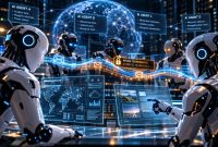 Ilustrasi sejumlah agen kecerdasan buatan (AI) yang saling terhubung dan bertukar informasi melalui jaringan digital. Perkembangan teknologi multi-agent AI memungkinkan sejumlah sistem kecerdasan buatan bekerja sama, bahkan berkomunikasi menggunakan pesan yang tidak selalu mudah dipahami manusia. (foto: ilistrasi AI)